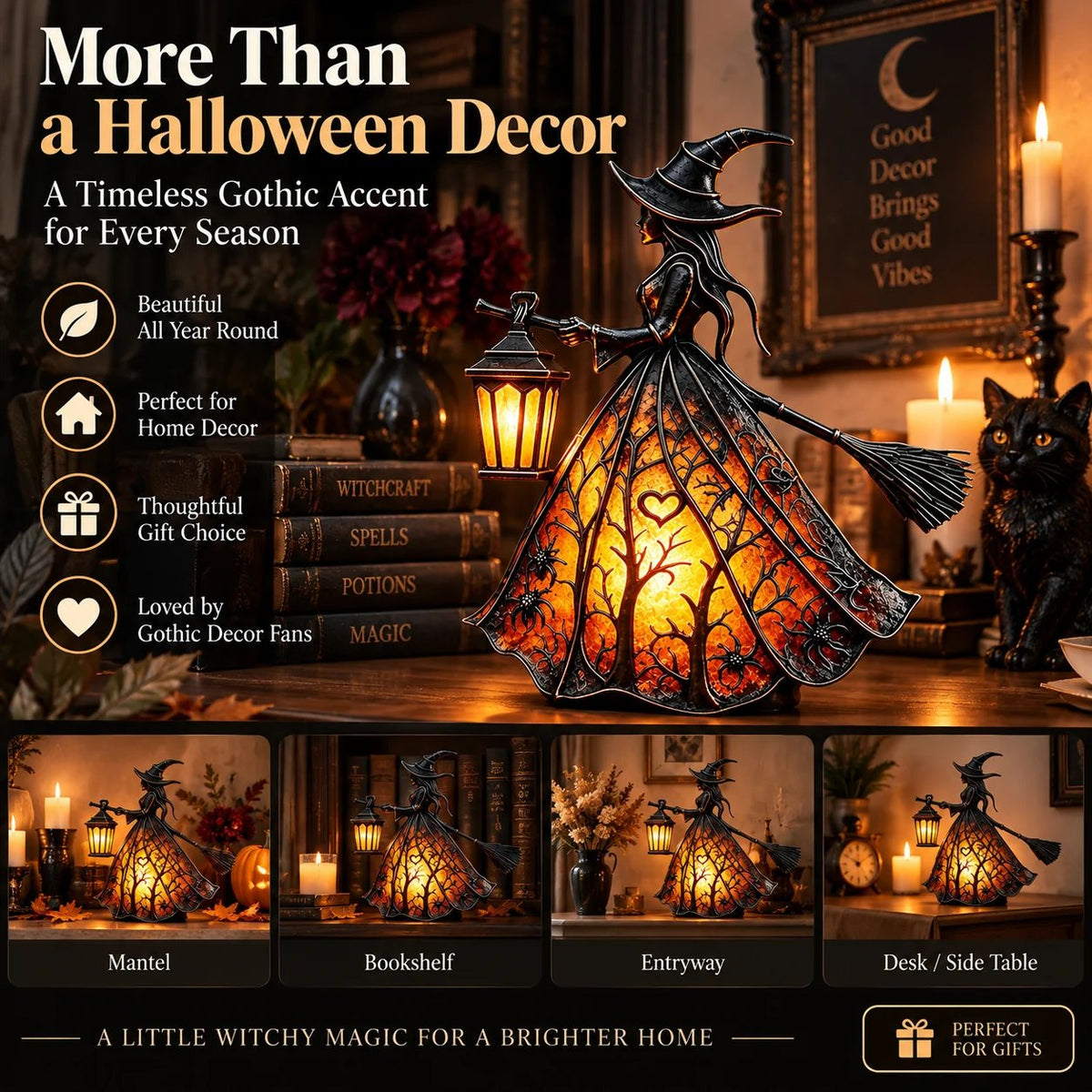 🧙‍♀️7-Inch Lighted Gothic Witch Lantern – Warm LED Halloween Figurine for Mantel, Shelf & Table Decor