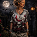 Women's Gothic V-neck T-shirt With Red Crescent Moon, Bats, And Rose Skull Graphic Print