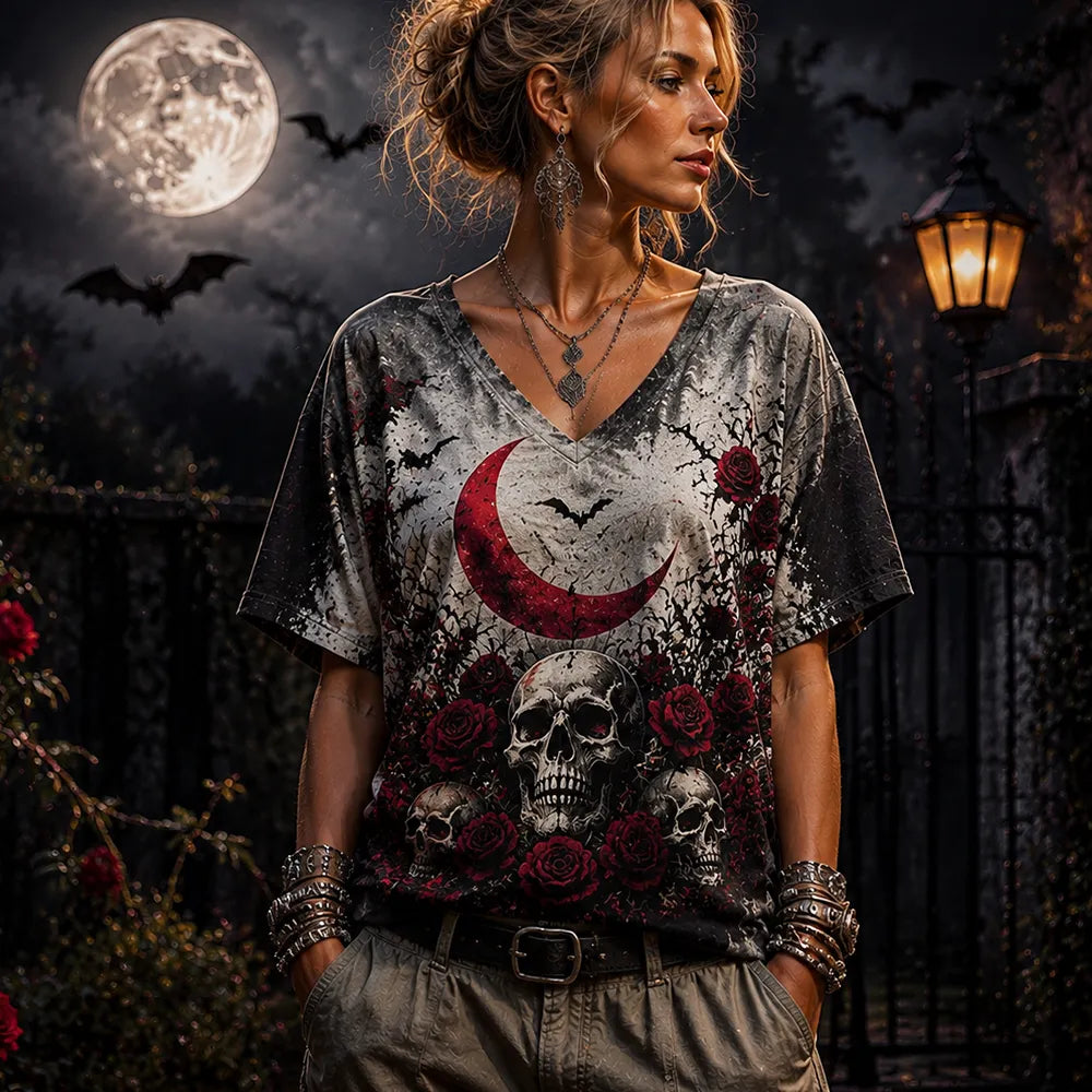 Women's Gothic V-neck T-shirt With Red Crescent Moon, Bats, And Rose Skull Graphic Print
