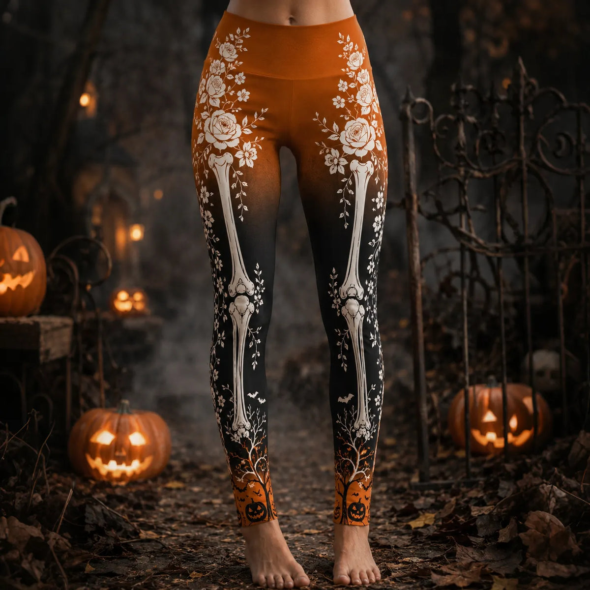 Women's Vintage Halloween Gradient Skeleton & Rose Art Leggings