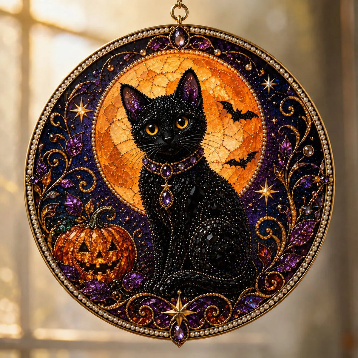 🌙🐈‍⬛ LAST DAY 49% OFF – ✨ Premium 3D Pearl Celestial Black Cat Window Hanging Kit | Luxury Flocked Canvas with Scratch-Resistant Non-Fading Pearl Beads DIY Handmade Moonlight Suncatcher Decor 🔮💎