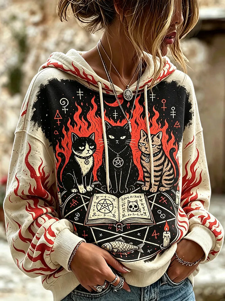 Women's Gothic Witch Black Cat Mysterious Tarot Pentagram Flame Pattern Retro Halloween Pullover Sweatshirt
