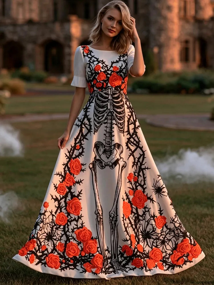 Women's Vintage Halloween Bones And Roses Art Print Short Sleeve Maxi Dress
