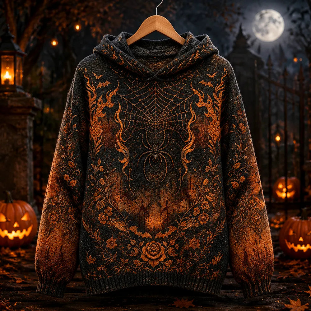 Women's Halloween Gothic Spiderweb Floral Pattern Hooded Sweater
