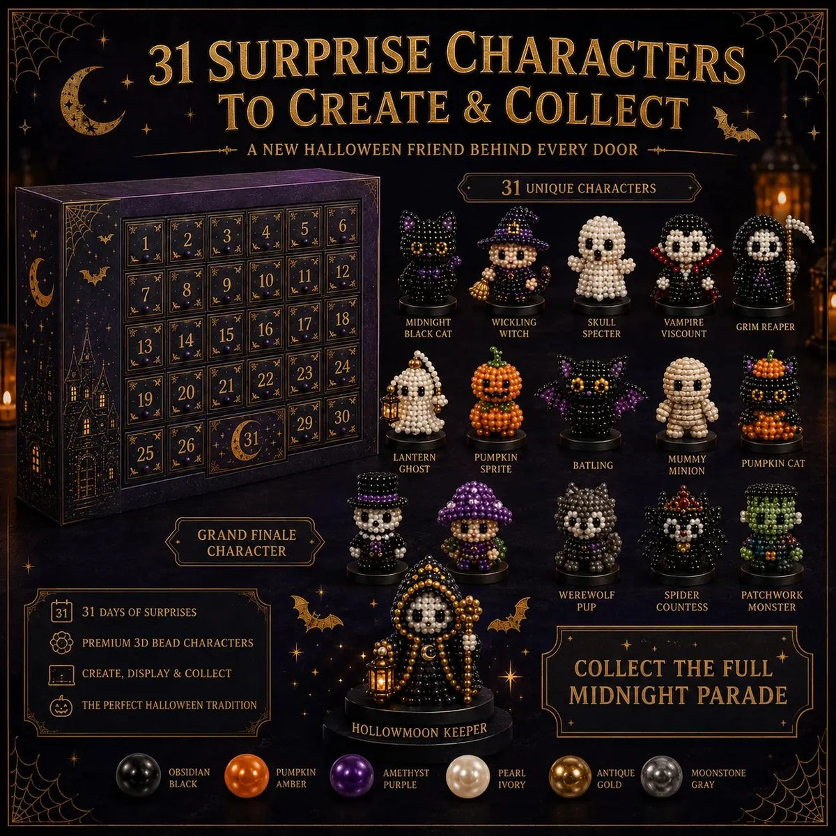 🔥HOT SALE🔥 LAST DAY 49% OFF – 🎃 Hollowmoon 31-Night Jewel-Bead Countdown Calendar | 31 Daily DIY Characters, Complete Craft Supplies & Midnight Parade Display 💎✨