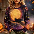 Women's Halloween Graphic Sweatshirt - Black Cat On Broomstick, Full Moon And Maple Leaves Print Pullover