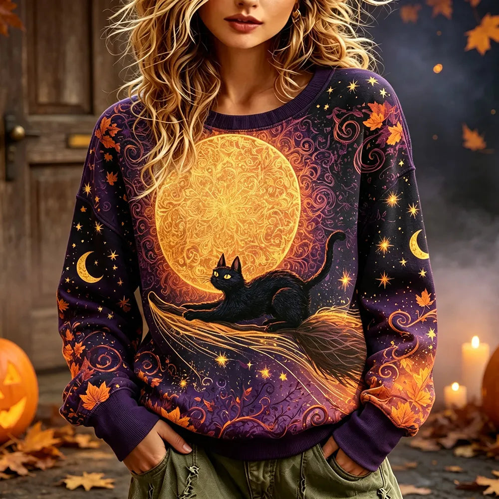 Women's Halloween Graphic Sweatshirt - Black Cat On Broomstick, Full Moon And Maple Leaves Print Pullover