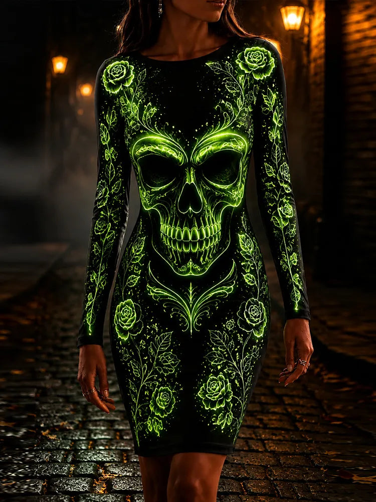 Women's Halloween Dark Gothic Neon Skull And Rose Art Crew Neck Long Sleeve Dress