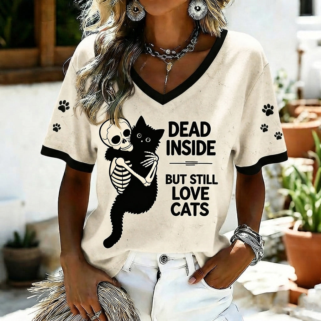 Women's Dead Inside But Still Love Cats Halloween Printed V-neck T-shirt
