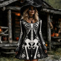 Women's Halloween Skull And Floral Gothic Patterns Art Round-neck Mini Dress