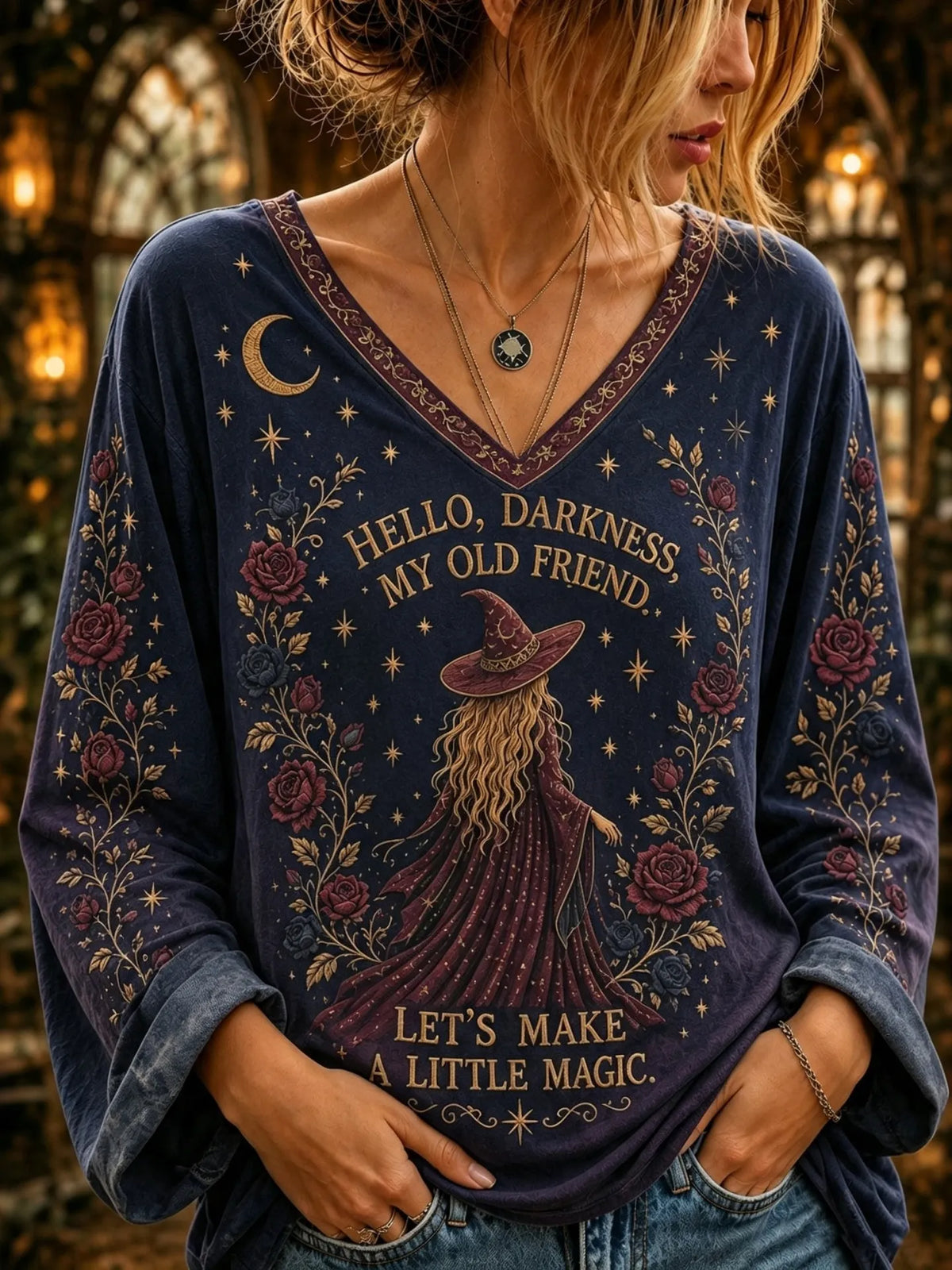 Women's Retro Halloween  Letter Sun Moon Rose Print V-neck Long Sleeve Cotton Linen Top