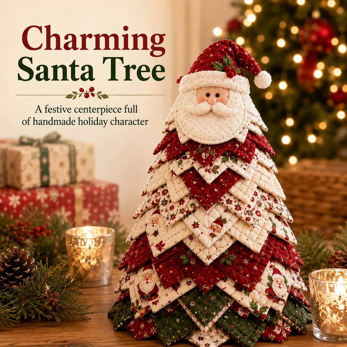 🎉🎄DIY Quilted Santa Christmas Tree Kit – Handmade Fabric Holiday Tabletop Tree Decor