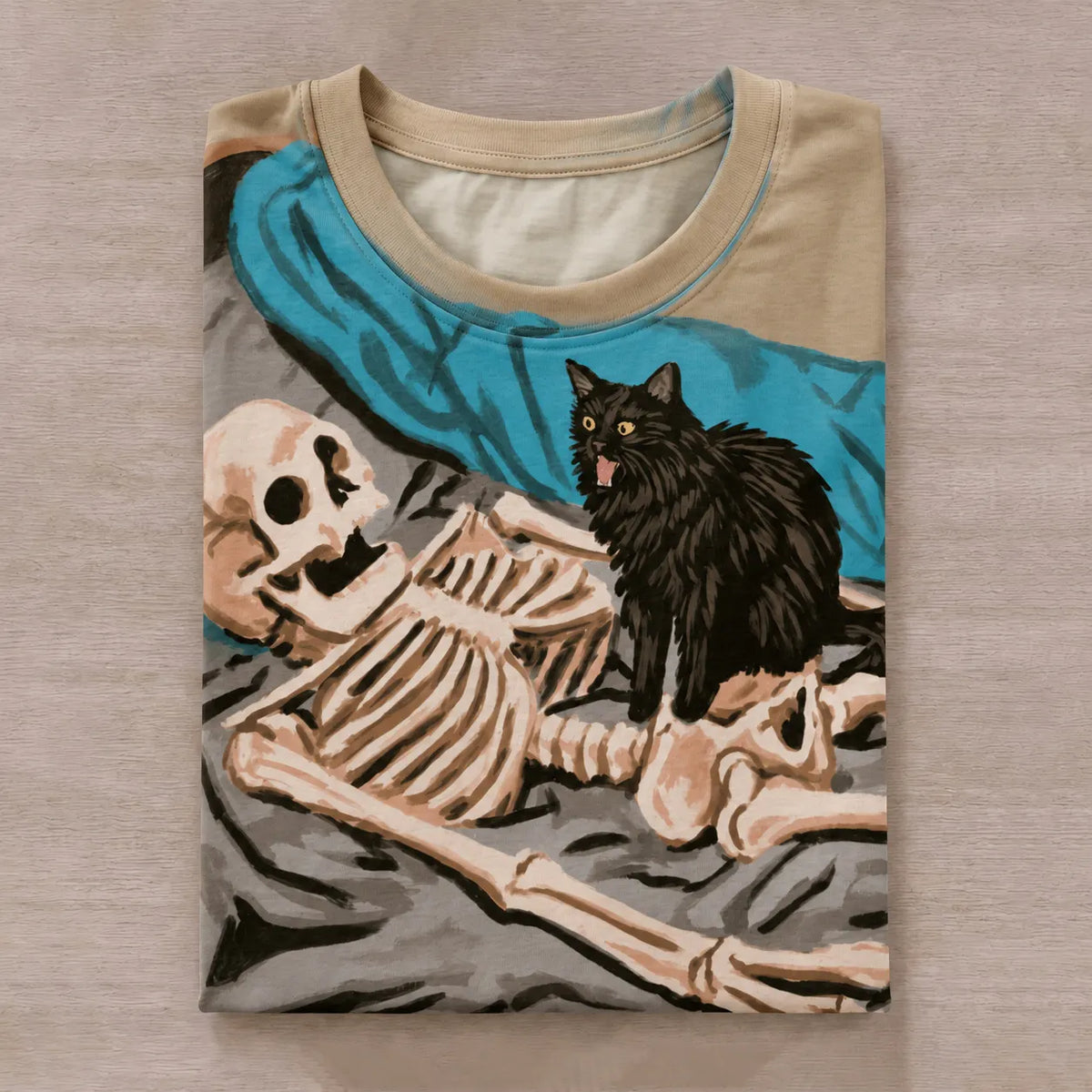 Women's Funny Halloween Cat And Skeleton Art Print Crew Neck Short Sleeve T-shirt