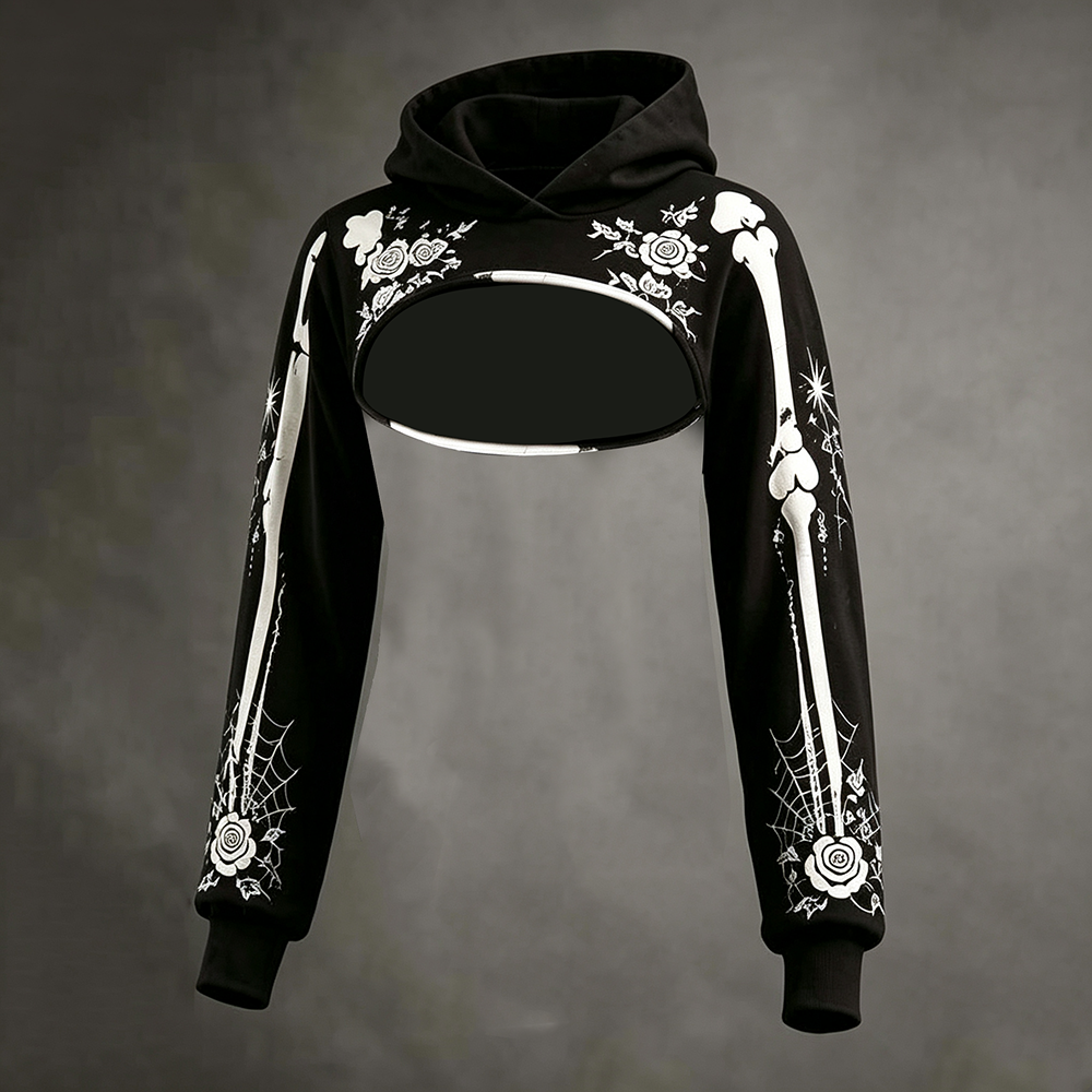 Women's Retro Halloween Skeleton Rose Print Hoodie Three-piece Set