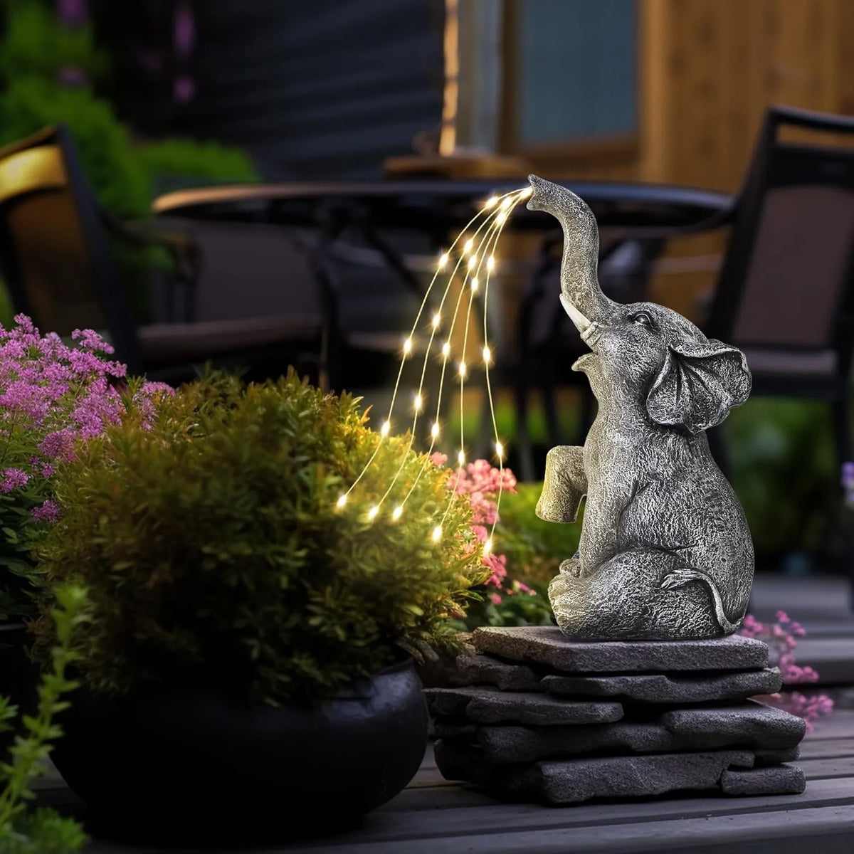 Solar Garden Decor Watering Elephant Statues