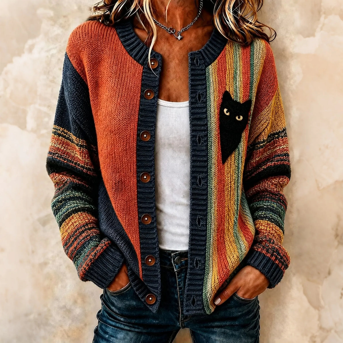 Women's Retro Striped Color Block Black Cat Print Crew Neck Cardigan
