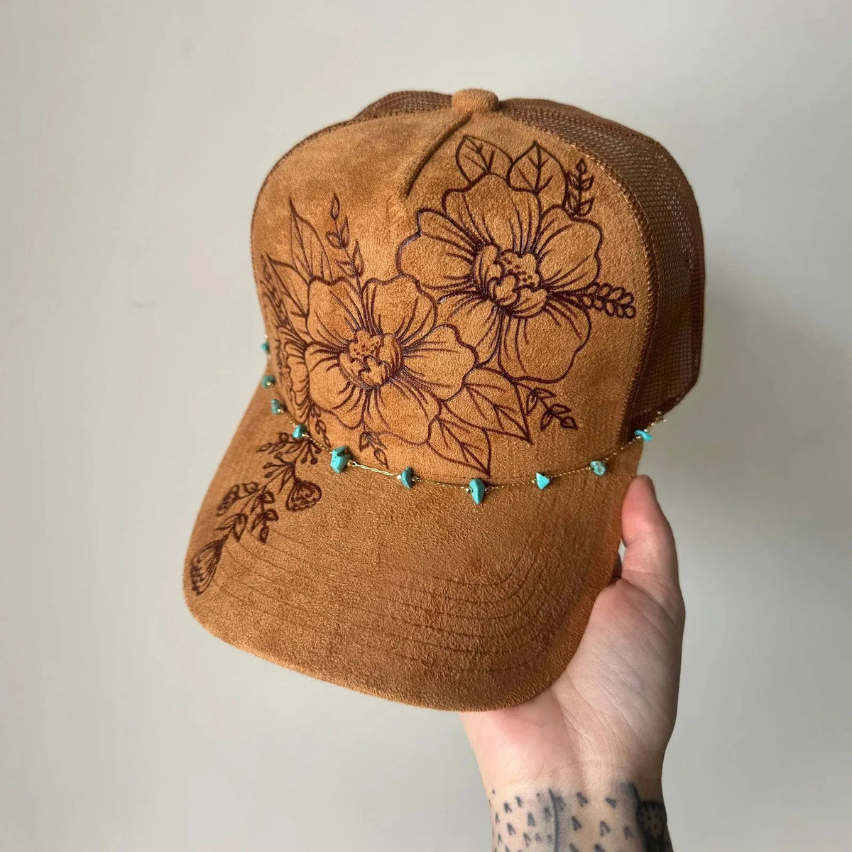 🌸Flower Patch Burned Suede Trucker Hat with Dainty Turquoise Stone Chain