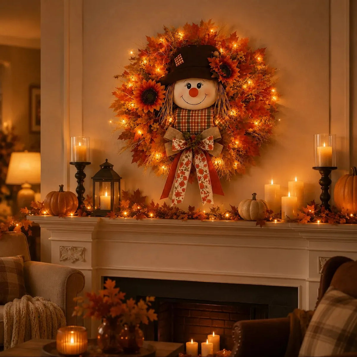 🔥🍁 Fall Favorite – Lighted Scarecrow Front Door Wreath