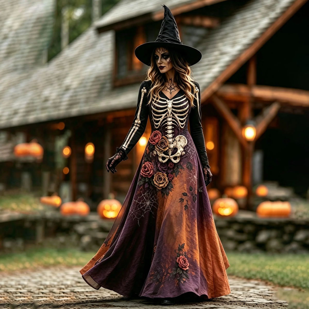 Women's Halloween Skull Flower Gradient Print  V-neck Maxi Dress