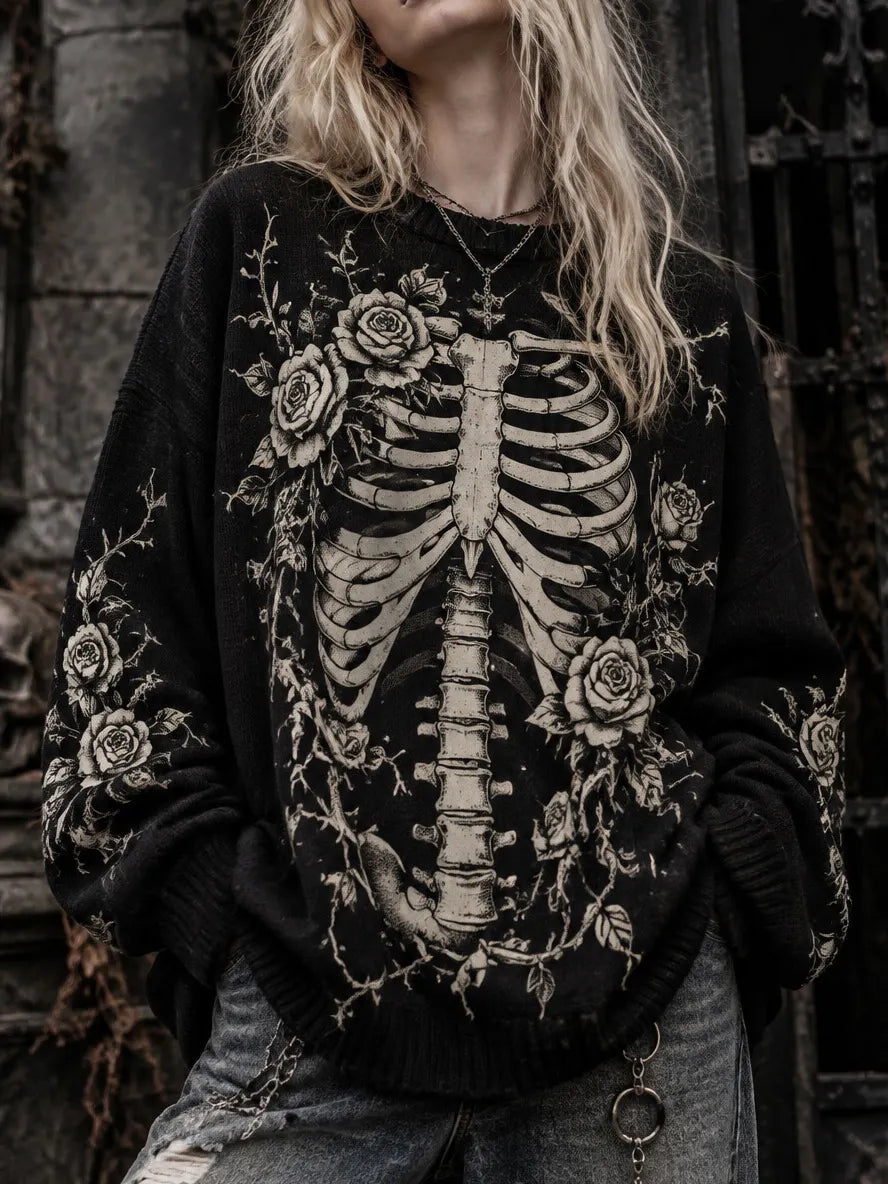 Women's Retro Halloween Skeleton Art  Print Cozy Sweater