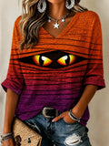 Women's Halloween Peeping Cat Art Print  V-neck Short Sleeve Top