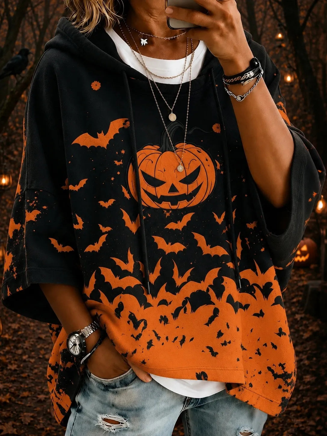 Women's Halloween Pumpkin And Bat Art Print Casual Hoodie