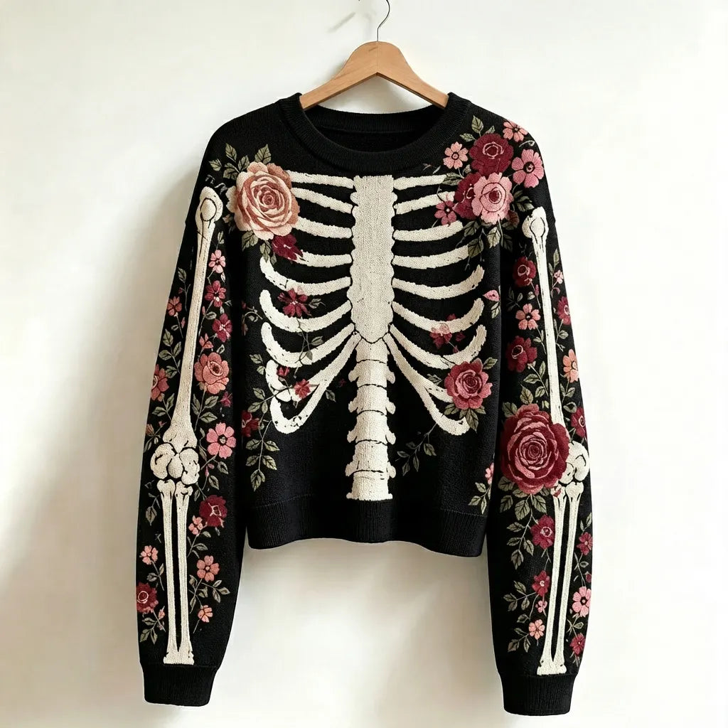 Women's Vintage Skeleton And Rose Art Cozy Sweater