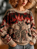 Women's Crewneck Knit Sweater Featuring Skeleton Cat And Flame Patterns