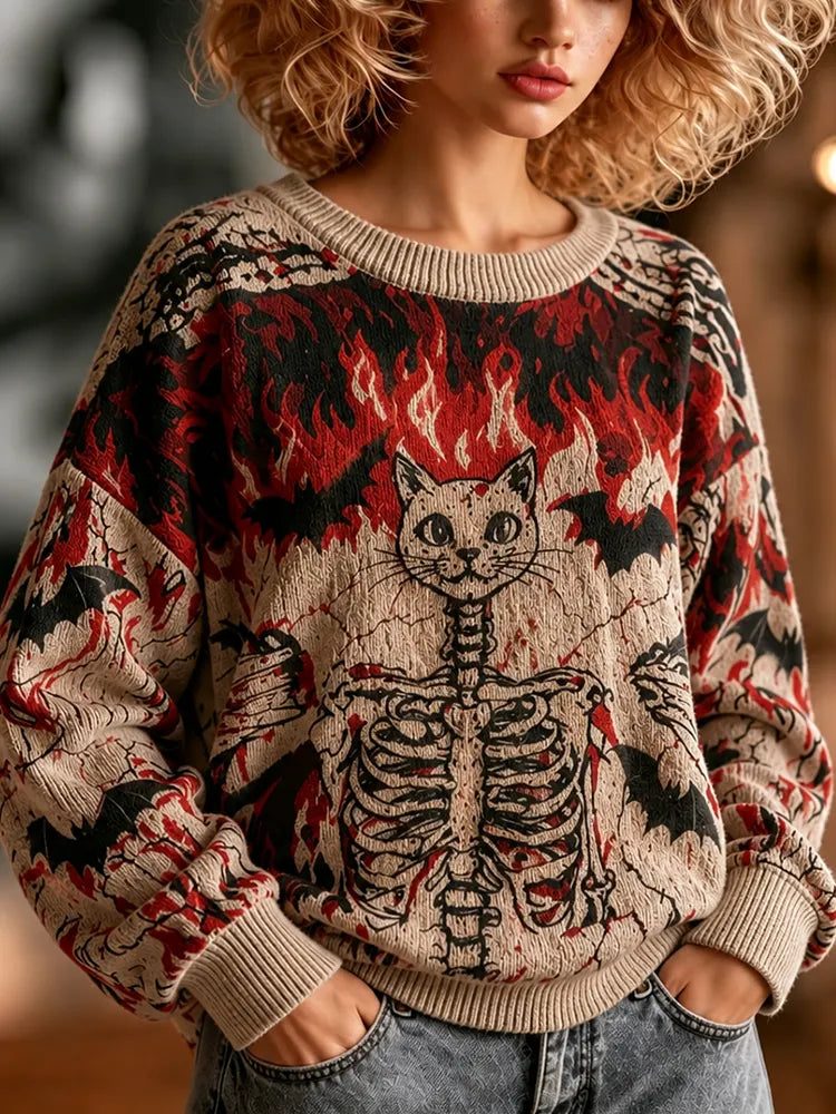 Women's Crewneck Knit Sweater Featuring Skeleton Cat And Flame Patterns