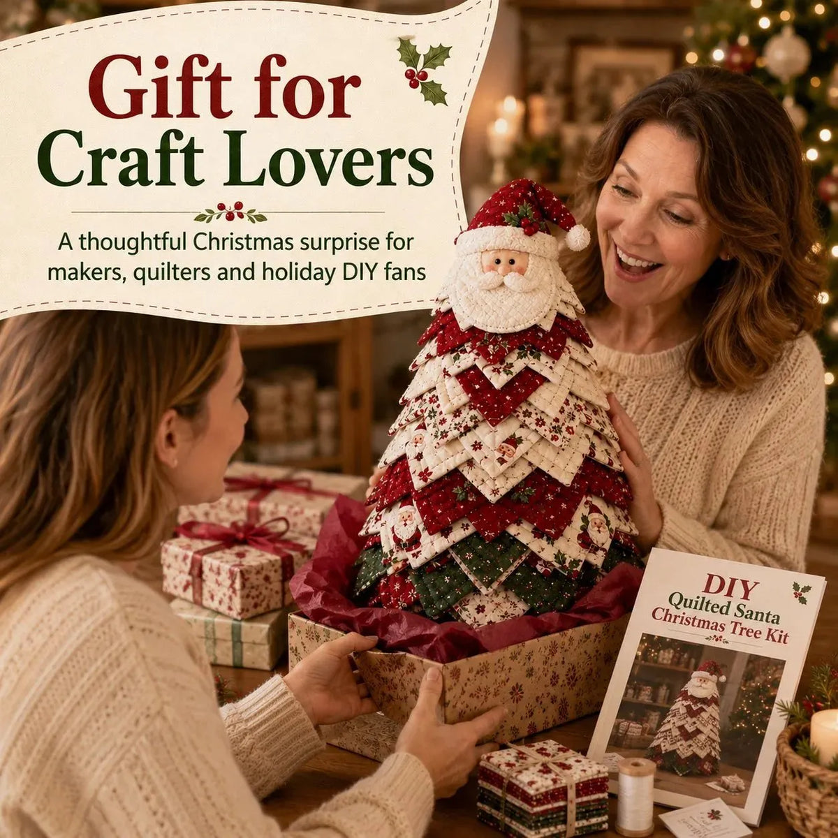 🎉🎄DIY Quilted Santa Christmas Tree Kit – Handmade Fabric Holiday Tabletop Tree Decor