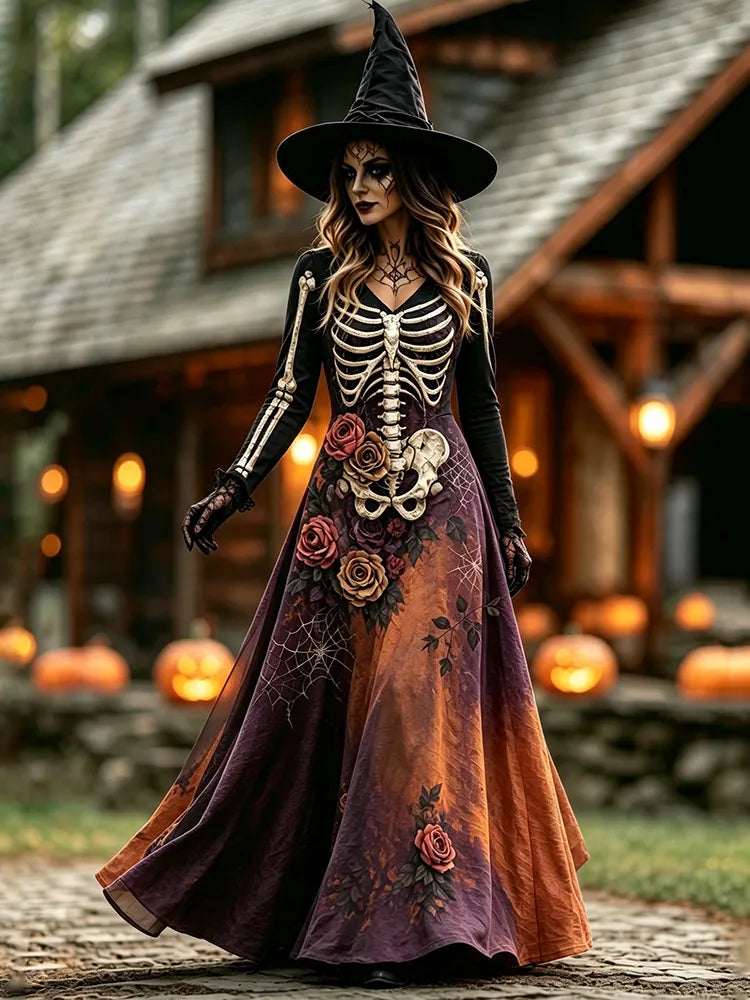 Women's Halloween Skull Flower Gradient Print  V-neck Maxi Dress