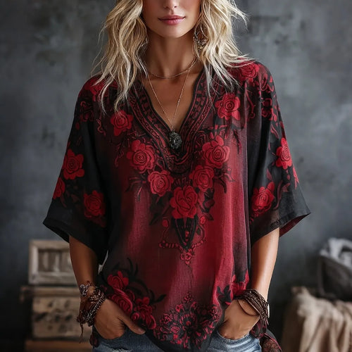 Women's Retro Rose Gradient Print V-neck T-shirt