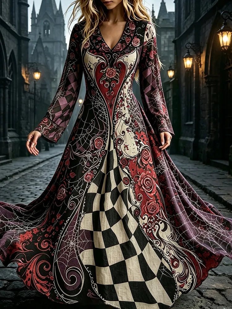Women's Retro Halloween Gothic Style Plaid Floral Art Print V-neck Long Sleeve Dress