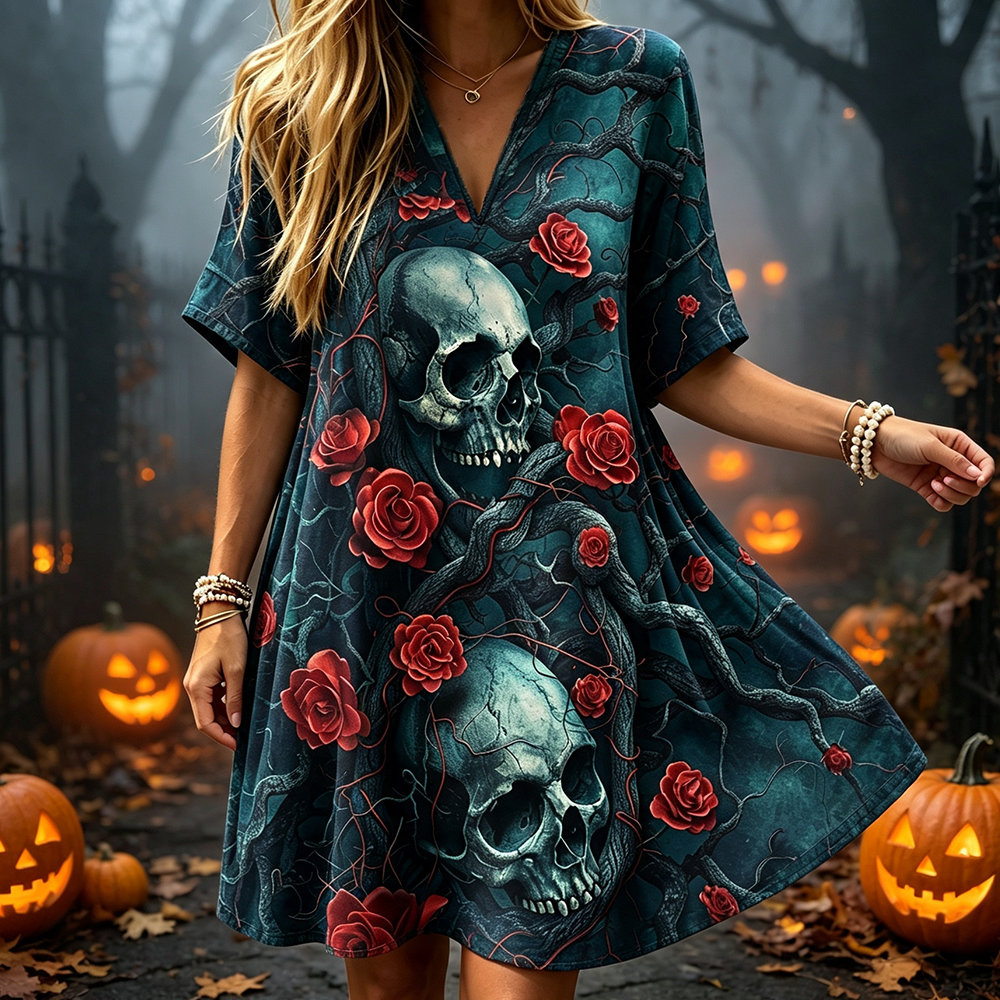 Women's Skull & Rose Graphic Mini Dress - Gothic Style V-neck Short Sleeve Skater Dress