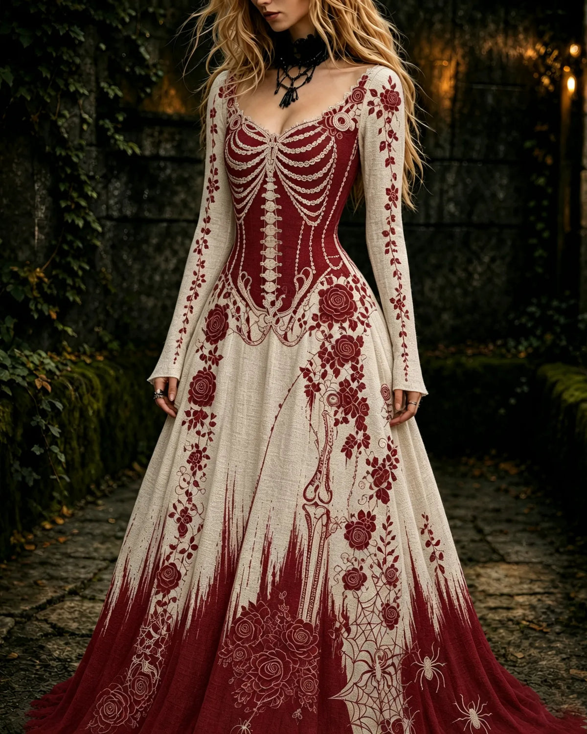 Women's Retro Gothic Skeleton And Rose Pattern Maxi Halloween Dress