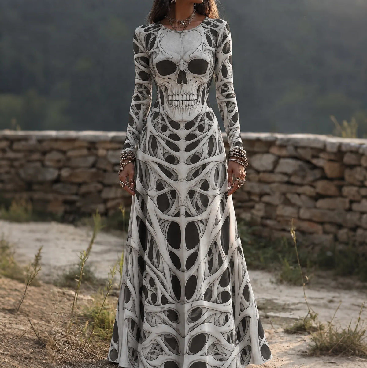 Women's Vintage Halloween Skull Face Art Comfy Maxi Dress