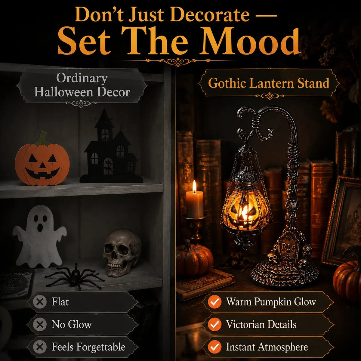 🎃 Gothic Pumpkin Lantern Stand | Warm Orange LED Glow, Victorian Skull Details & Haunted Shelf Decor 🕯️