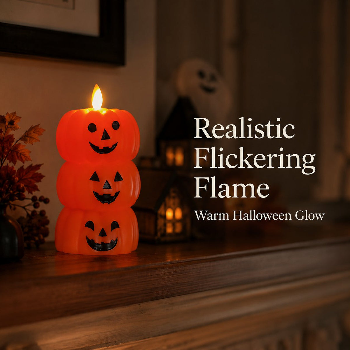 🎃 Flameless LED Pumpkin Stack Candle - Flickering Halloween Decor