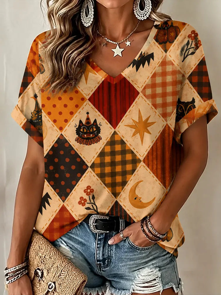 Women's Halloween Circus Cat Patchwork Art Print Casual Top