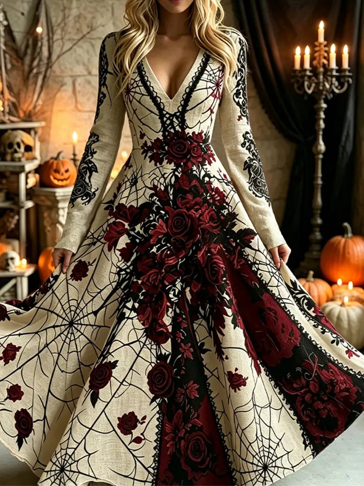 Women's Retro Halloween Floral Spiderweb Art Print V-neck Long Sleeve Dress