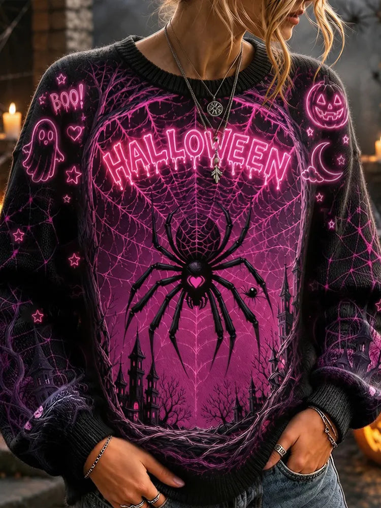 Women's Vintage Neon Pink Halloween Glow-in-the-dark Spider Web Ghost Pumpkin Print Crew Neck Sweatshirt