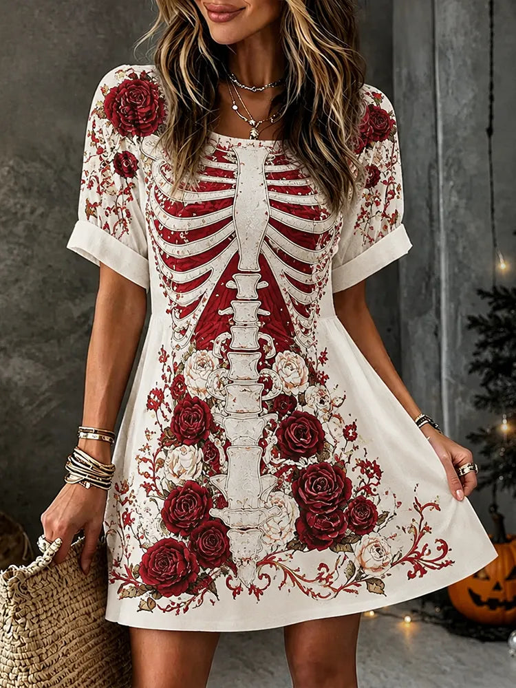Women's Casual Short Sleeve Crew Neck Mini Dress With Gothic Anatomical Skeleton And Red Rose Floral Print