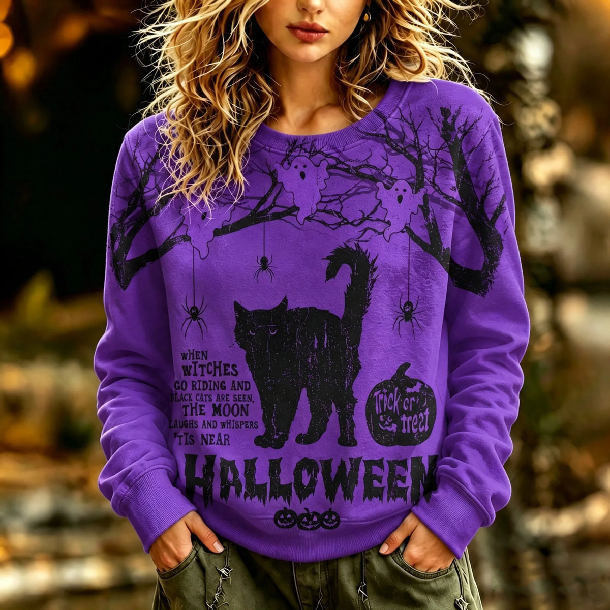 Women's Retro Halloween Style Cat, Spider, And Ghost Printed Sweatshirt