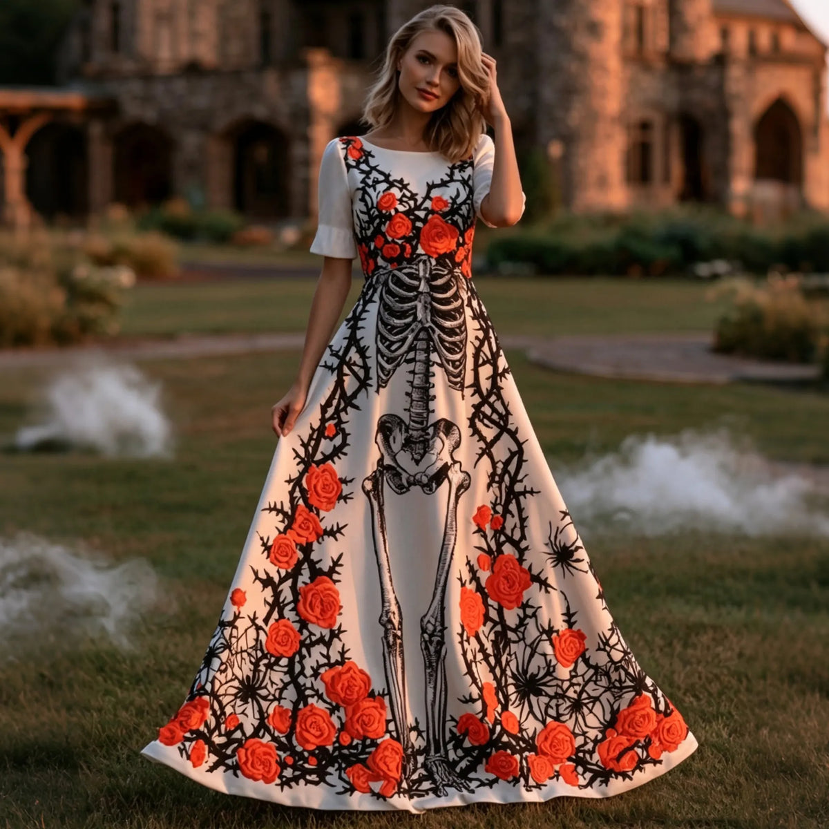Women's Vintage Halloween Bones And Roses Art Print Short Sleeve Maxi Dress