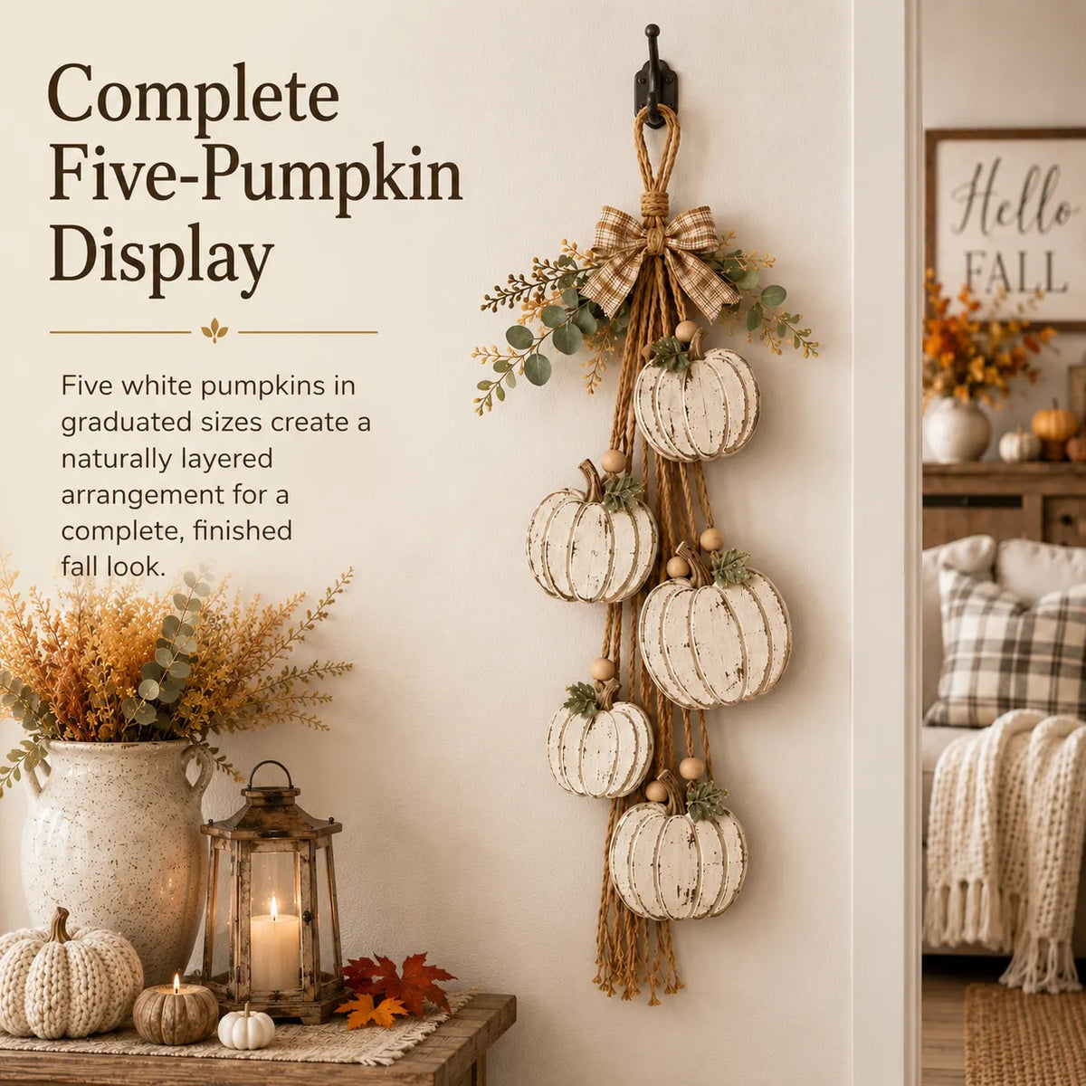 Rustic White Pumpkin Hanging Swag – 5-Pumpkin Fall Door & Wall Decoration for Farmhouse Autumn Decor