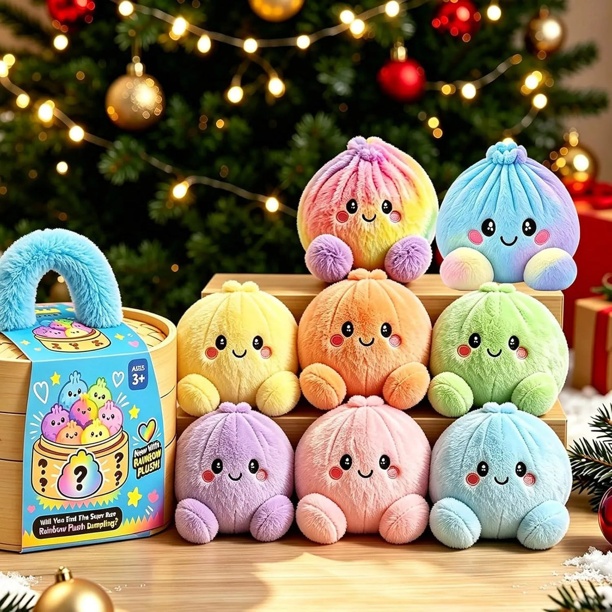 Cute Rainbow Dumpling Squishy – Soft Plush Stress Relief Squeeze Toy with Steamer
