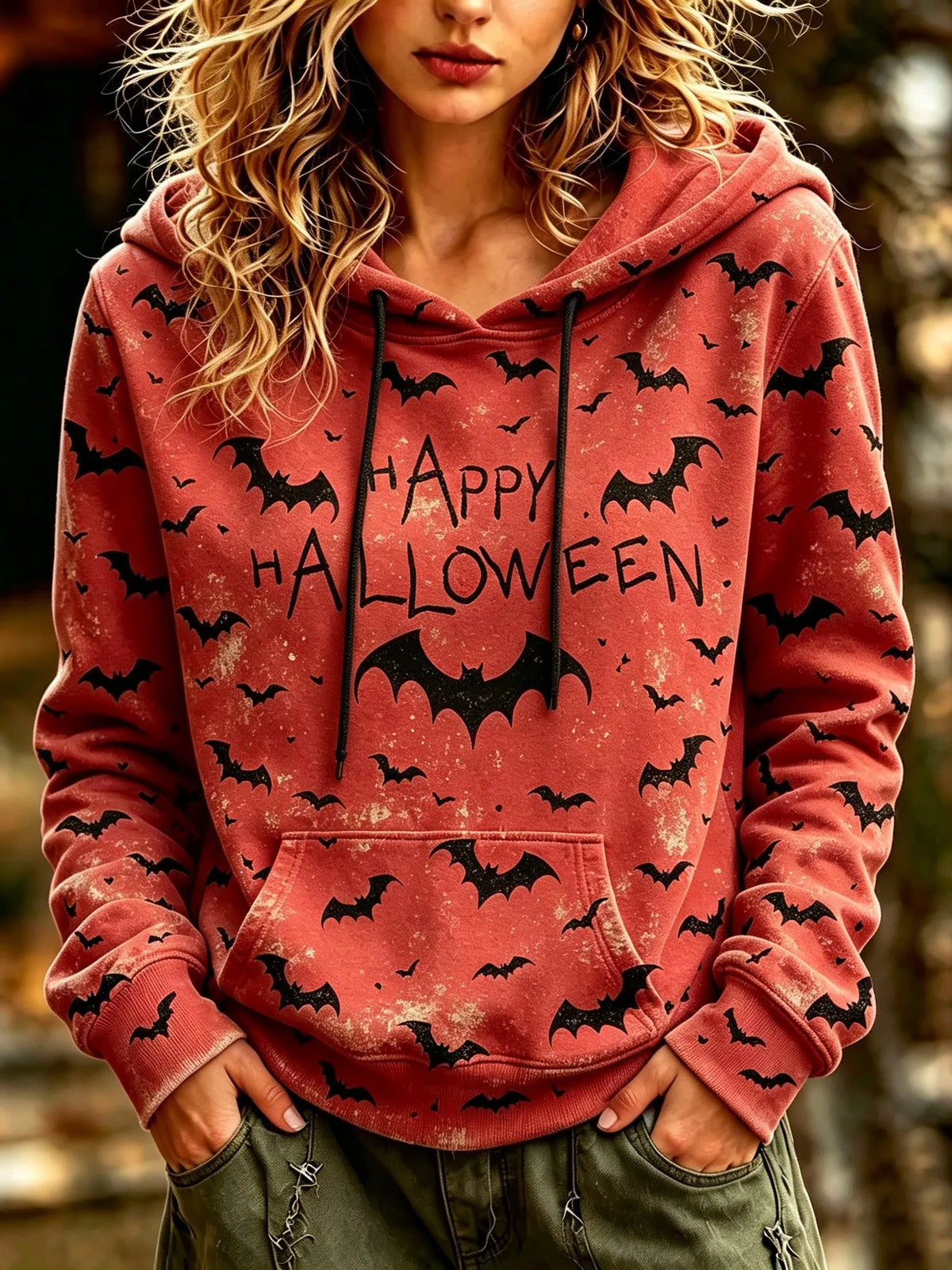 Women's Retro Halloween Bat Print Hooded Sweatshirt