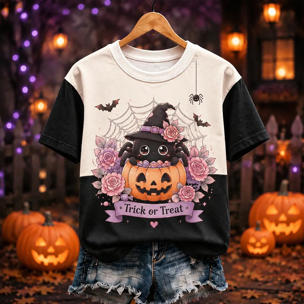 Unisex Off-white And Black Colorblock Trick Or Treat Witch Spider Pumpkin Print Short Sleeve T-shirt