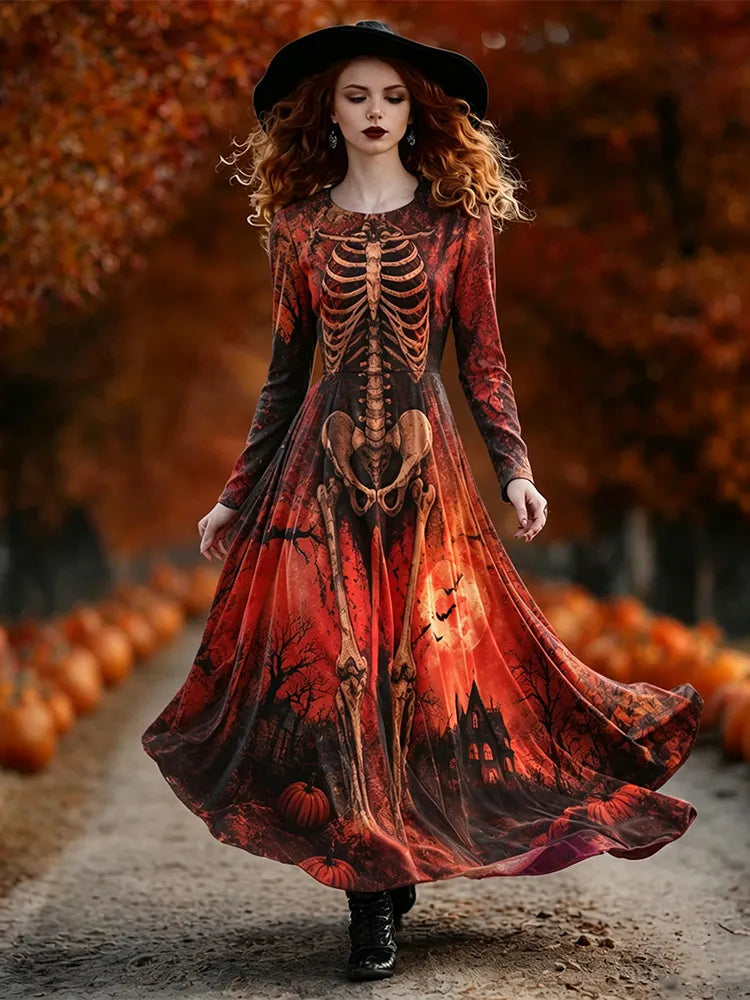 Women's Halloween Skull Gothic Dark Red Blood Moon Haunted House Pumpkin Print Flowy Long Dress