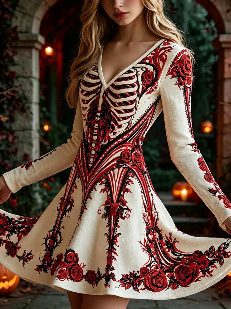 Women's Retro Halloween Human Bone Floral Print Long-sleeved Cotton Linen V-neck Dress